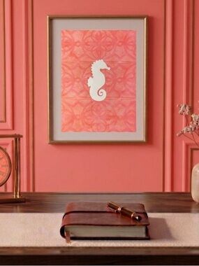 Painting by Khephra Watercolor Coral Seahorse Patterned Wall Art 5x7 in